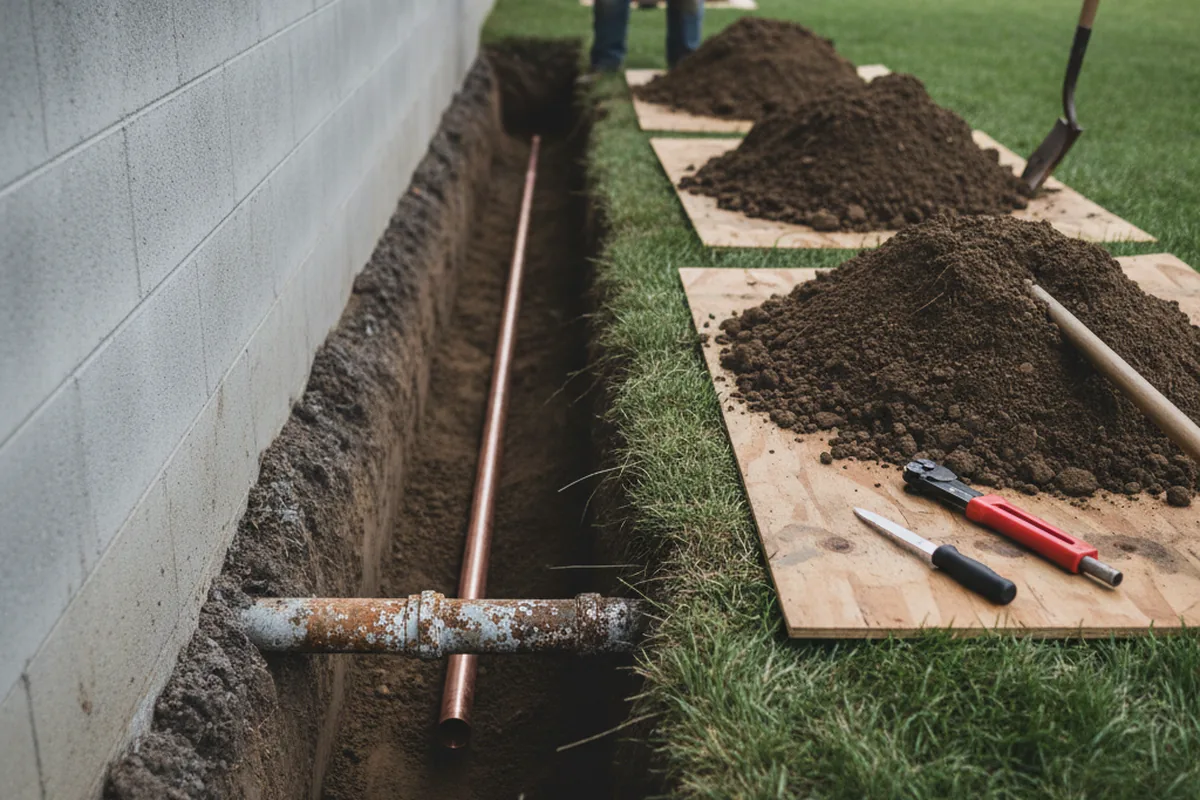 Excavated water line trench during Water Heater Repair in Michigan Center